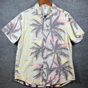 Denim & Flower Button Up Shirt Men's Large Yellow/Pink Hawaiian Slim Fit Casual